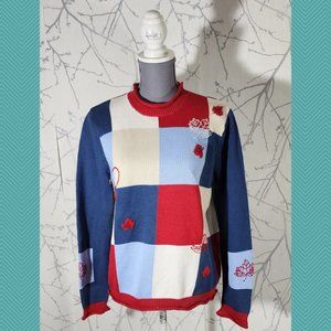 Tabi Cotton Patchwork Maple Leaf Embroidered Mockneck Sweater